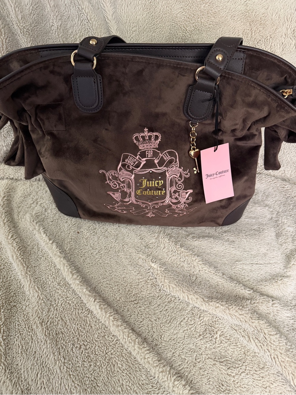 Juicy Couture Dark Brown Velour Tote with Pink Logo Accent